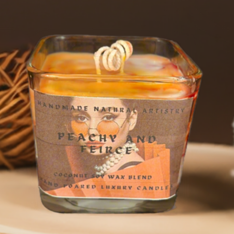 Peachy & Fierce Cube Candle | 11 oz | Juicy Peach Scent | HNA Candle Boutique