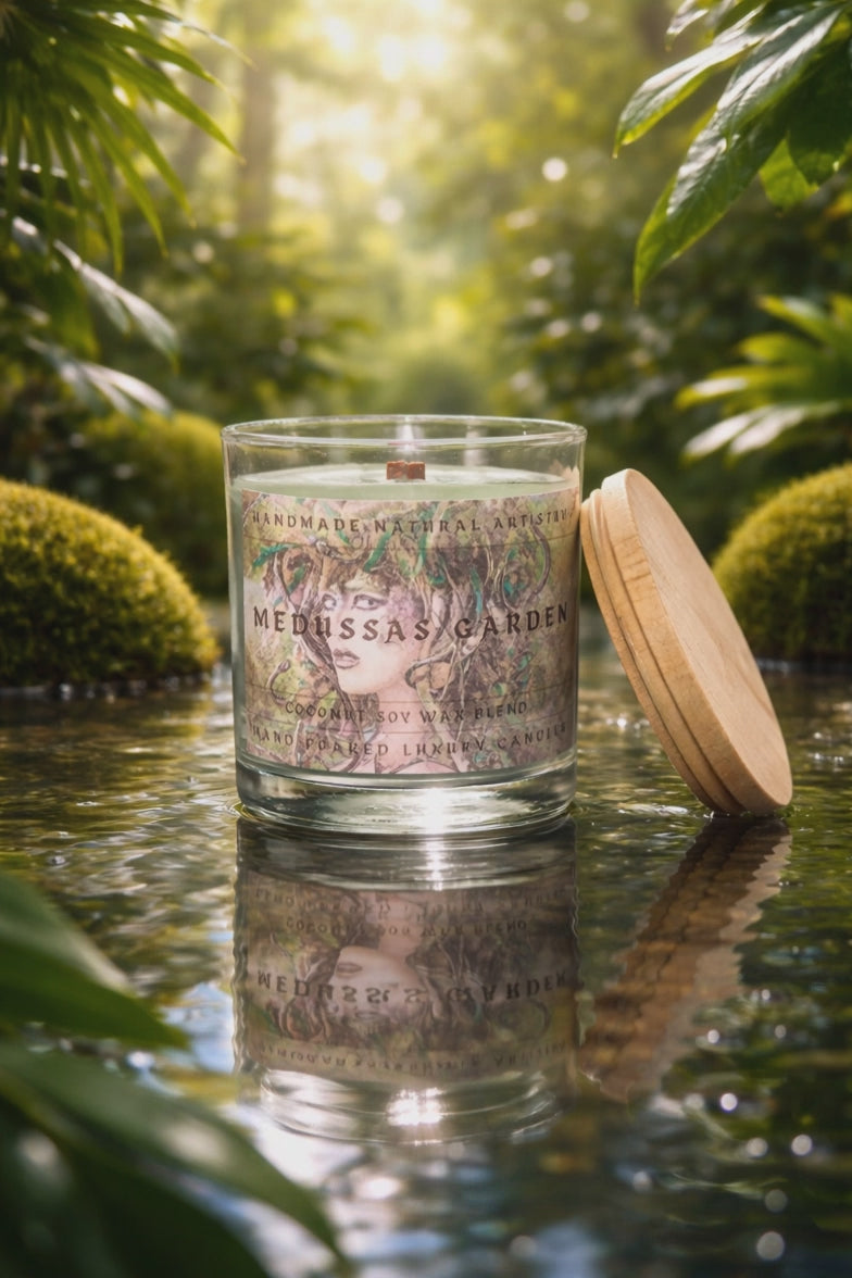 Medussas Garden Wood Wick Candle | 6 oz | Earthy Redwood & Moss Scent | HNA Candle Boutique